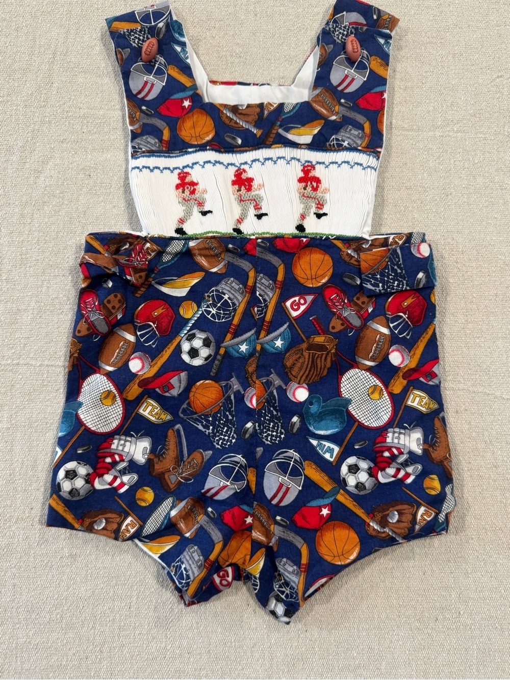 Navy Sports-Print Smocked Kids One-Piece Bodysuit